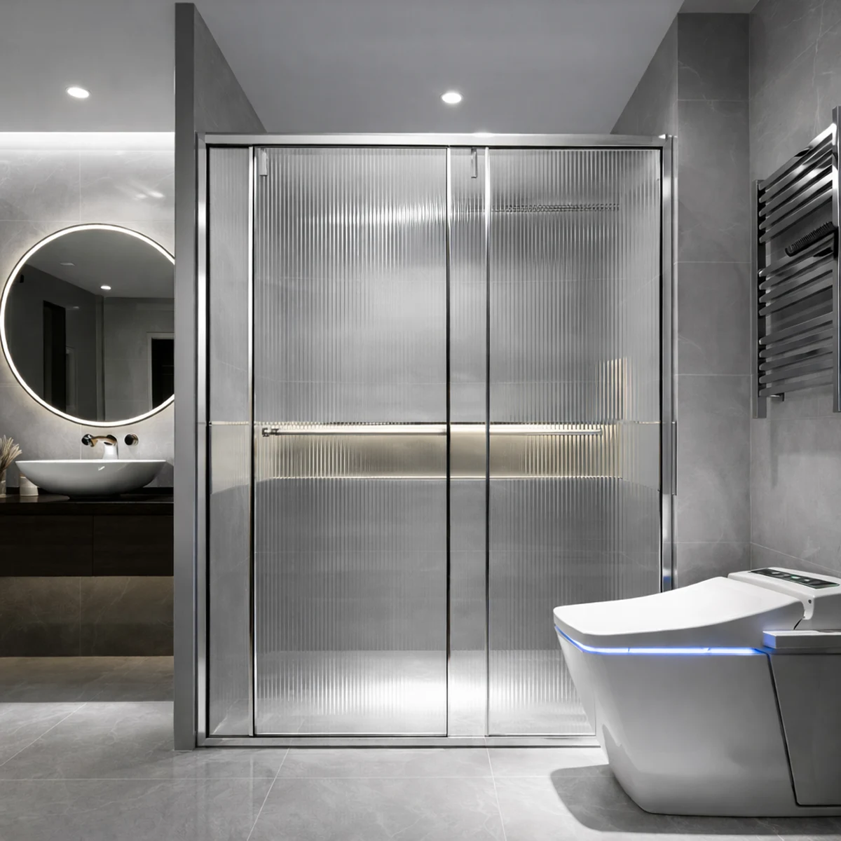 Vách kính tắm 180 độ cửa trượt 1 cánh 1 fix màu inox bóng thiết kế sang trọng